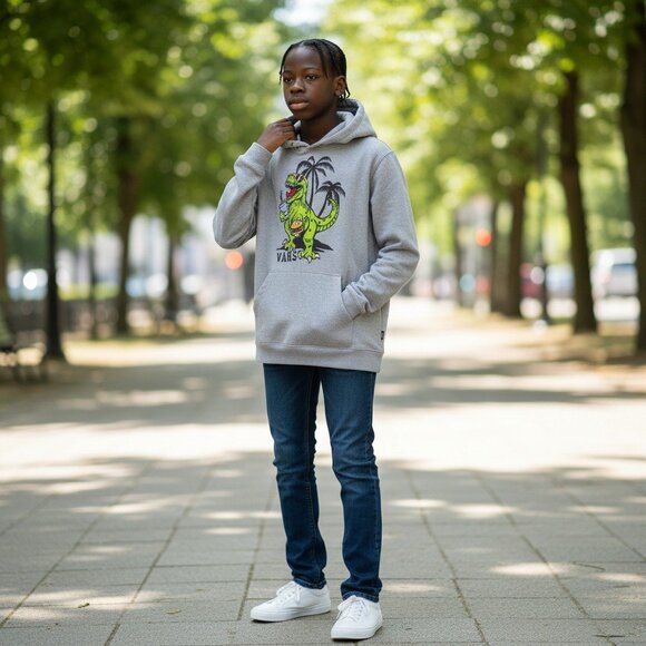 Chandail à capuchon hoodie coton ouaté Vans ado Médium M gris dinosaure t-rex - Picture 1 of 10